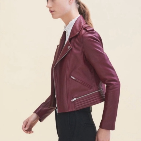 Maje Lamb Leather Bordeaux Basilta Moto Jacket NWOT in Burgundy - Picture 7 of 15